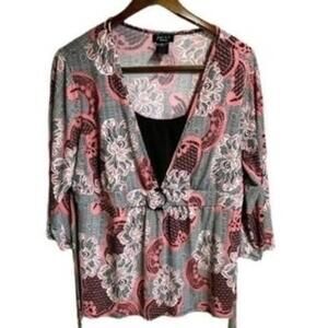 Joei & I Women's Floral Pink and Gray Blouse 3/4 Sleeve Soft Plus Size 1X